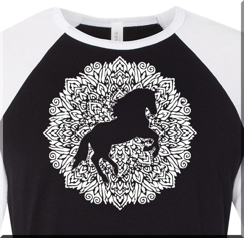 Mandala Rearing Horse Art 3/4 Sleeve Unisex Raglan Tee #AT3B Mandala Rearing Horse Art 3/4 Sleeve Unisex Raglan Tee #AT3B