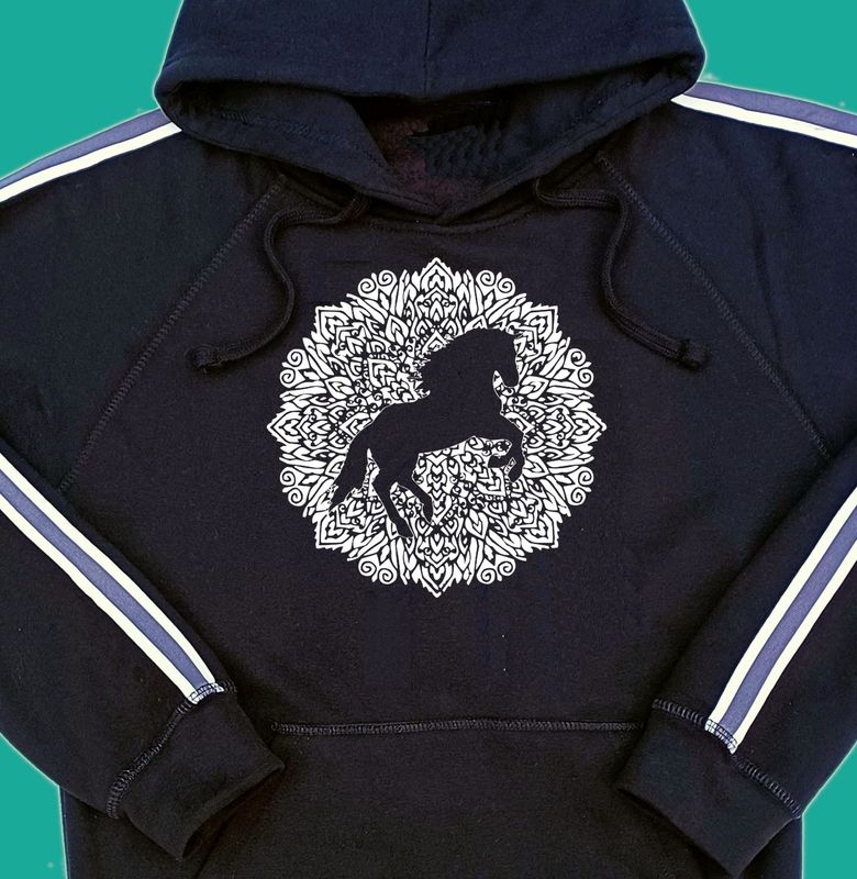 Mandala Horse Art Ladies Striped Sleeve Black Hoodie #AT5M Mandala Horse Art Ladies Striped Sleeve Black Hoodie #AT5M