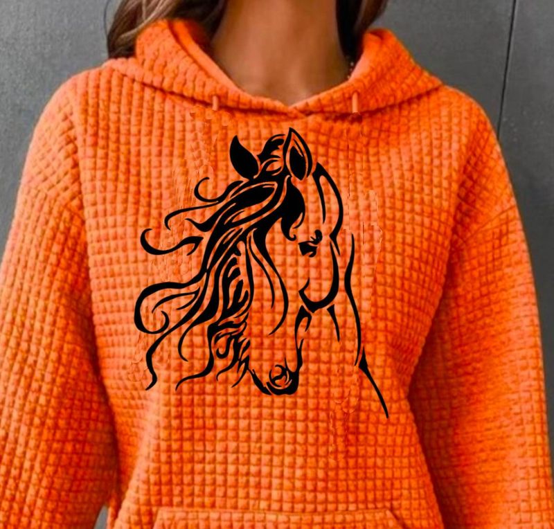 Ladies Waffle Weave Adonis Horse Orange Hoodie #AT5F Ladies Waffle Weave Adonis Horse Orange Hoodie #AT5F