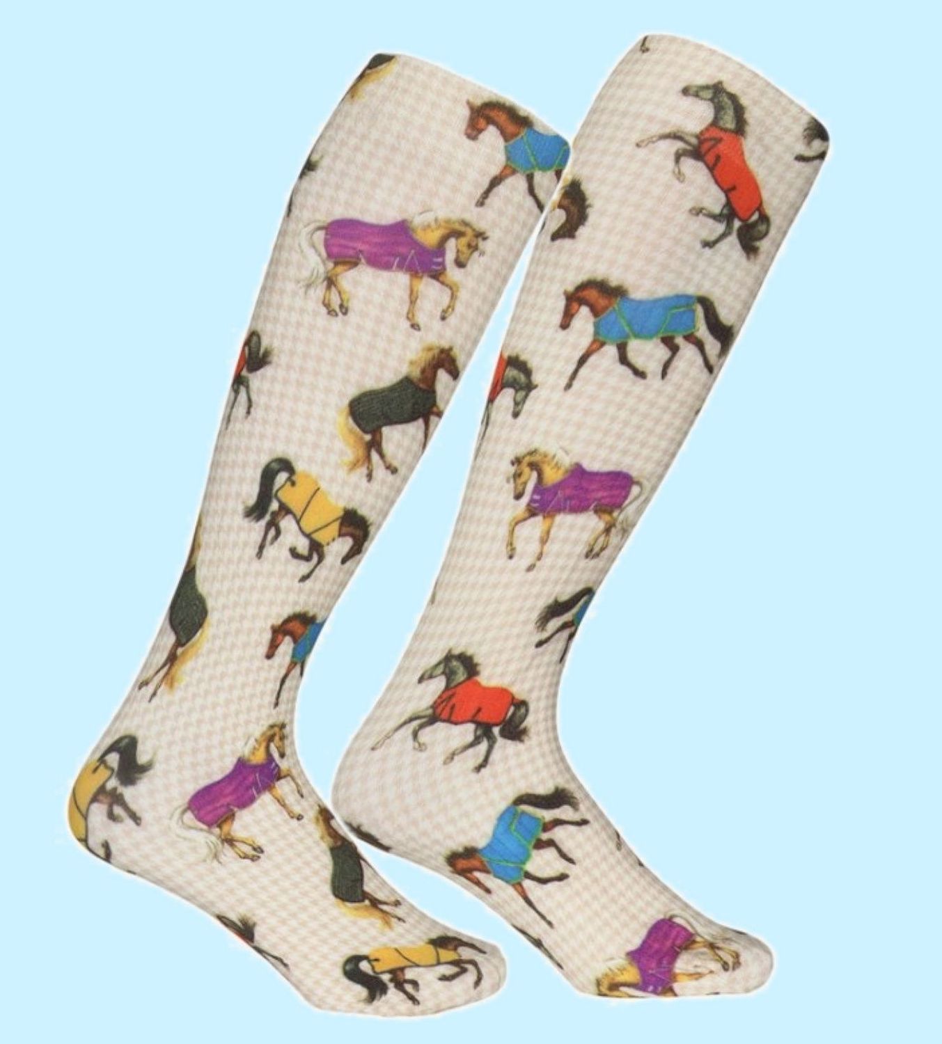Blanketed Horses Colorful Herd Beige Ladies knee high Socks #4170F Blanketed Horses Colorful Herd Beige Ladies knee high Socks #4170F