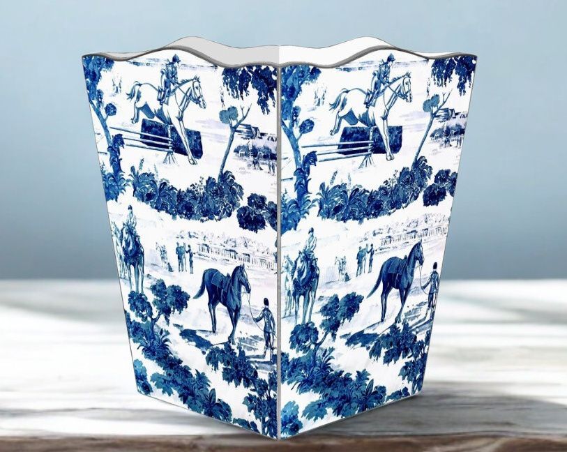 Toile Blue Equestrian Wastepaper Basket Scallop Top- Wooden Waste Bin USA made #MK44 Toile Blue Equestrian Wastepaper Basket Scallop Top- Wooden Waste Bin USA made #MK44