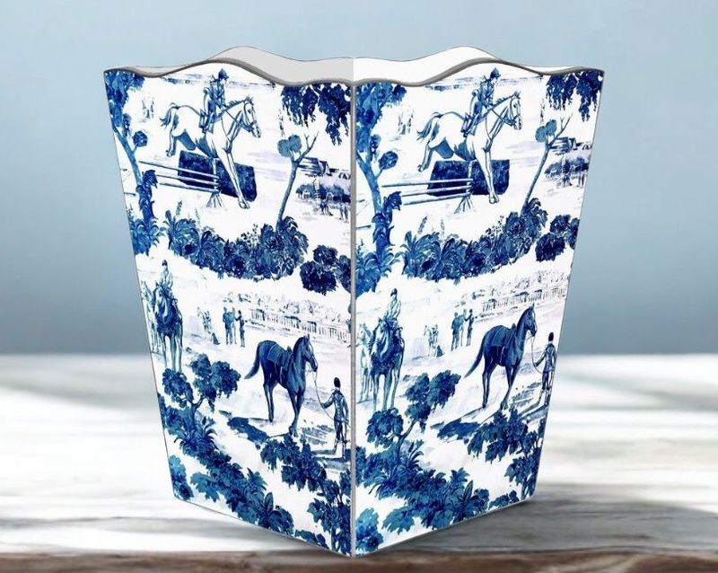 Toile Blue Equestrian Wastepaper Basket Scallop Top- Wooden Waste Bin USA made #MK44 Toile Blue Equestrian Wastepaper Basket Scallop Top- Wooden Waste Bin USA made #MK44