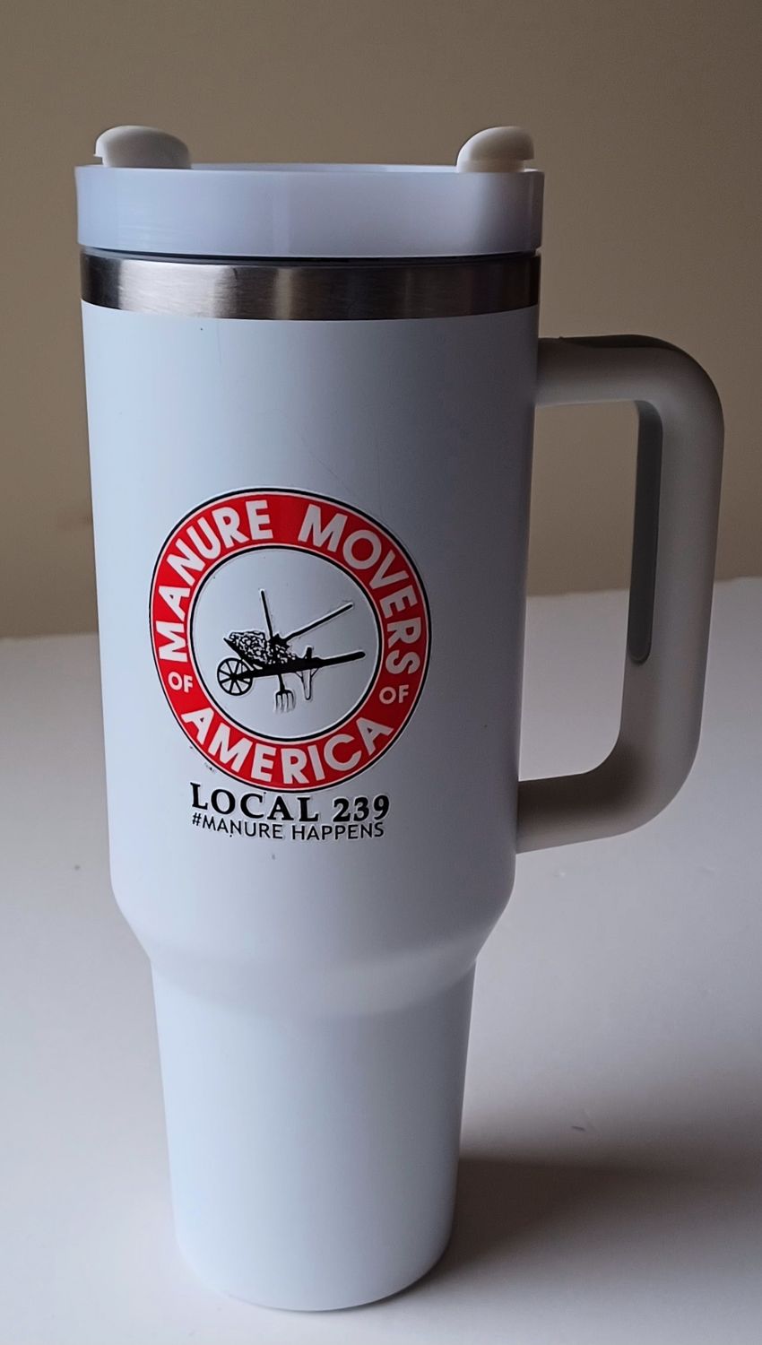 Manure Movers 40 oz white  Insulated   Stainless Steel Travel Tumbler w/ straw & handle #5224Z