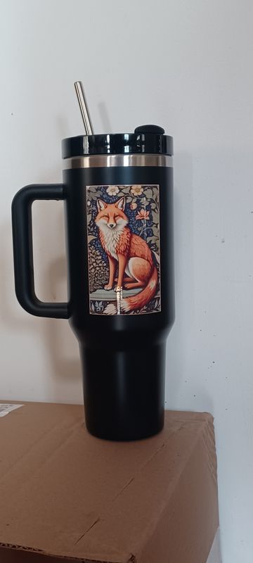 40 oz Floral Fox Insulated   Stainless Steel  Black Travel Tumbler w/ straw & handle #5224Z