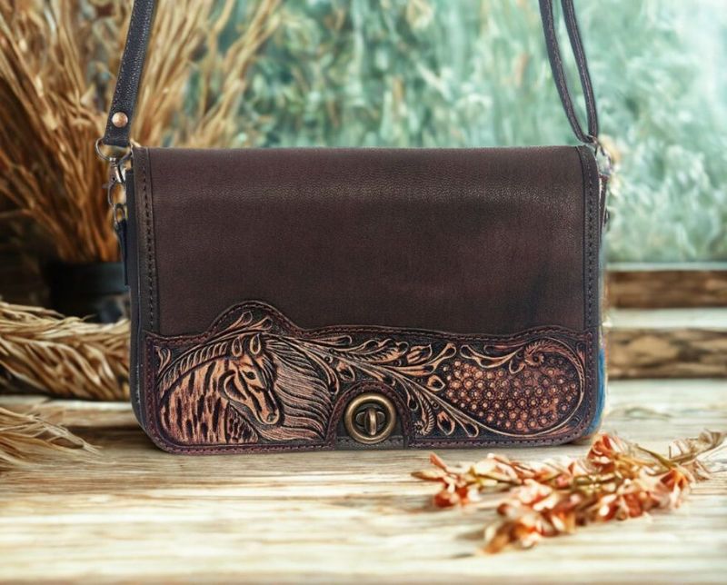 Artisan-crafted Hand Tooled  Leather Horse Head Floral Hair-On Cowhide Cross Body Bag  #LS24