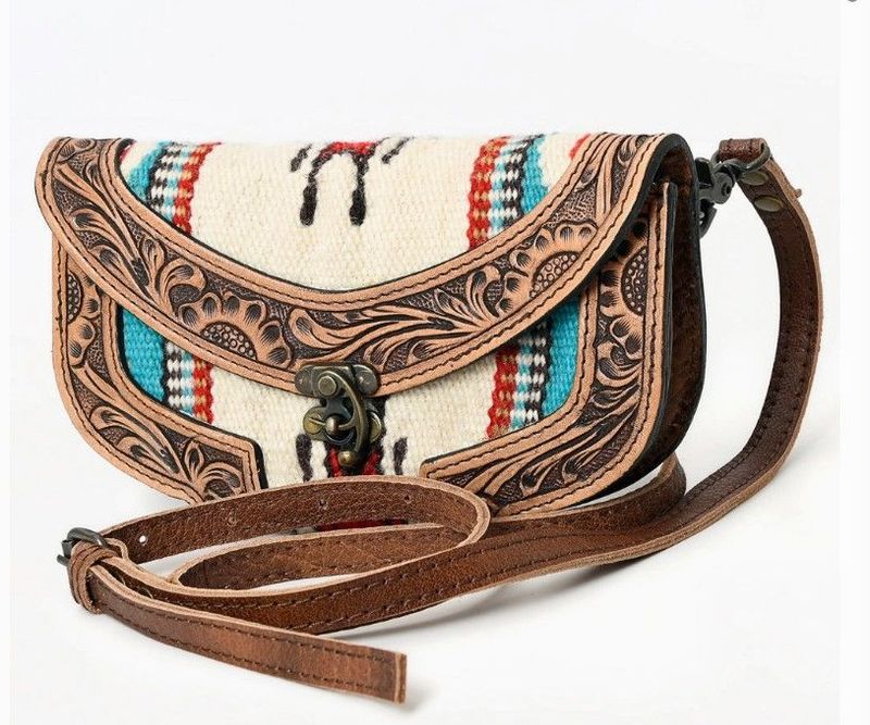 Tooled Leather & Wool Blanket  9"Western Crossbody Bag # LS19