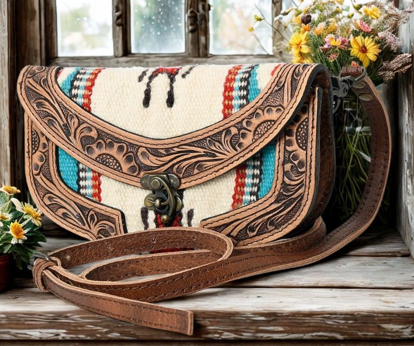 Tooled Leather & Wool Blanket 9 Tooled Leather & Wool Blanket 9"Western Crossbody Bag # LS19