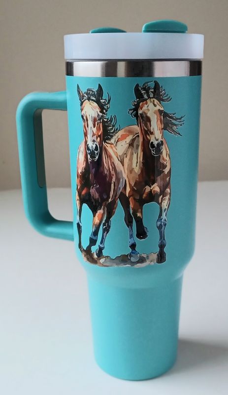 Unbridled Spirit 40 oz  Light Blue Insulated   Stainless Steel Travel Tumbler w/ straw & handle #5223p