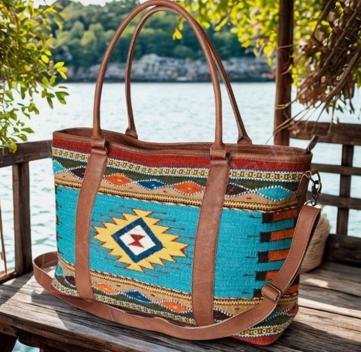 South Western Wool Saddle Blanket-Leather 26" Weekender Duffle Bag