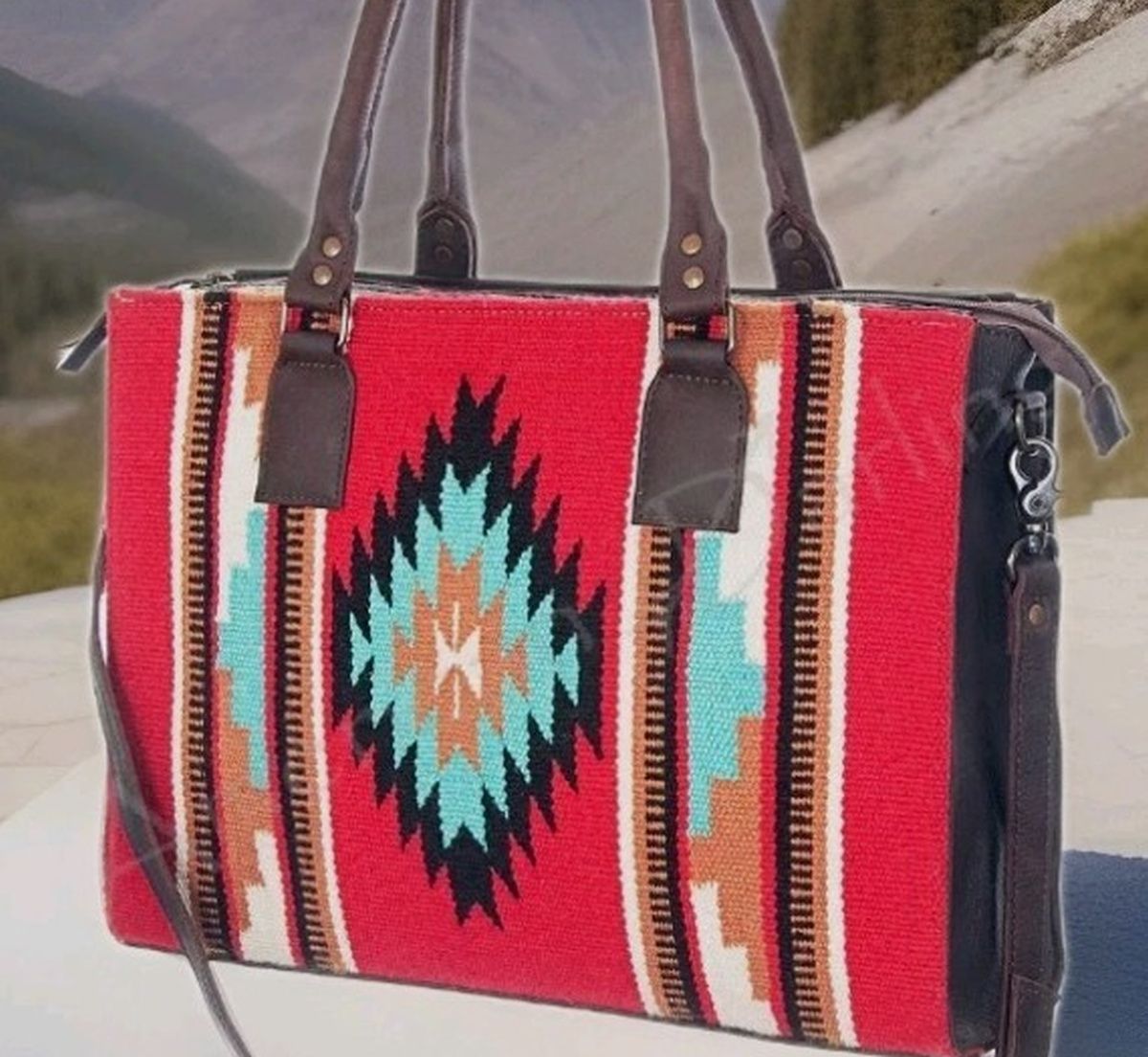 Southwestern Wool Saddle Blanket  15"Tote Bag   Red & Turquoise w/ full Genuine Leather Back #AD21