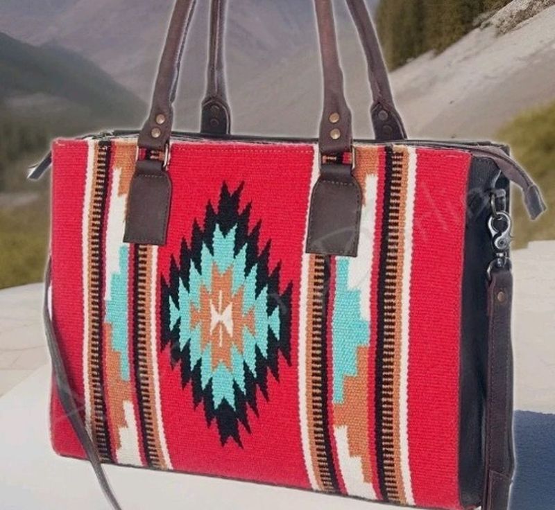 Southwestern Wool Saddle Blanket  15"Tote Bag   Red & Turquoise w/ full Genuine Leather Back #AD21