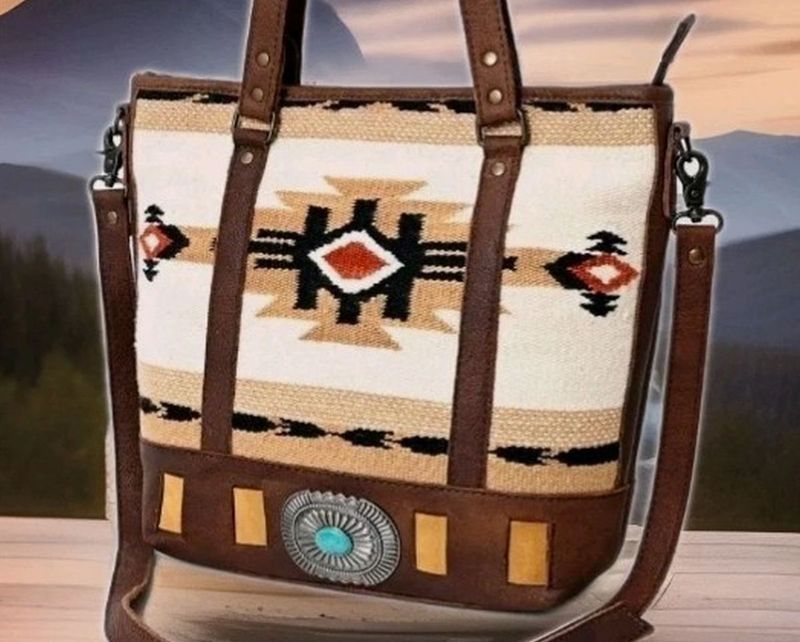 Southwestern Wool Saddle Blanket 15" Tote Bag w/ Genuine Leather & Faux Turquoise Stone accent #AD24