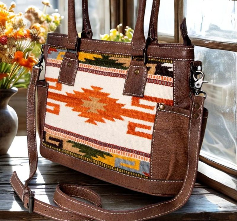 Aztec Hand woven Wool Saddle Blanket &  Full back in Genuine Leather  16" Tote Bag- Cream, Burnt Orange & tan #AD18