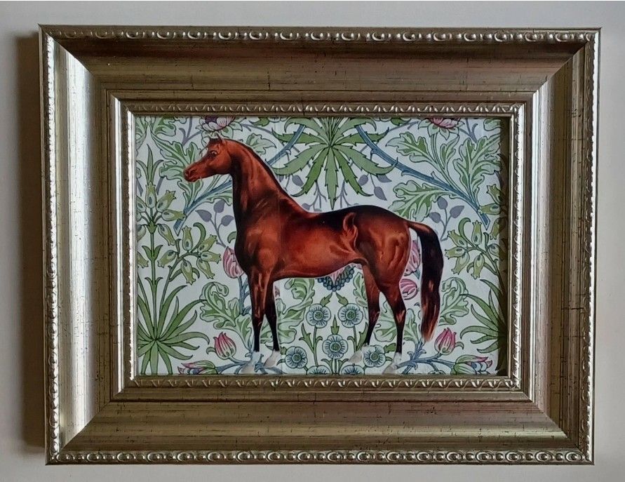 1900's Style Standing Chestnut Horse w/Floral art Framed Print 9.5 1900's Style Standing Chestnut Horse w/Floral art Framed Print 9.5"x7.5" #472BA