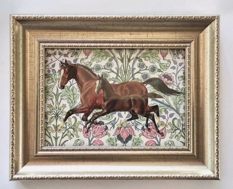 1900's Style Mare and Foal w/Floral art Framed Print  9.5"x7.5" #472BA
