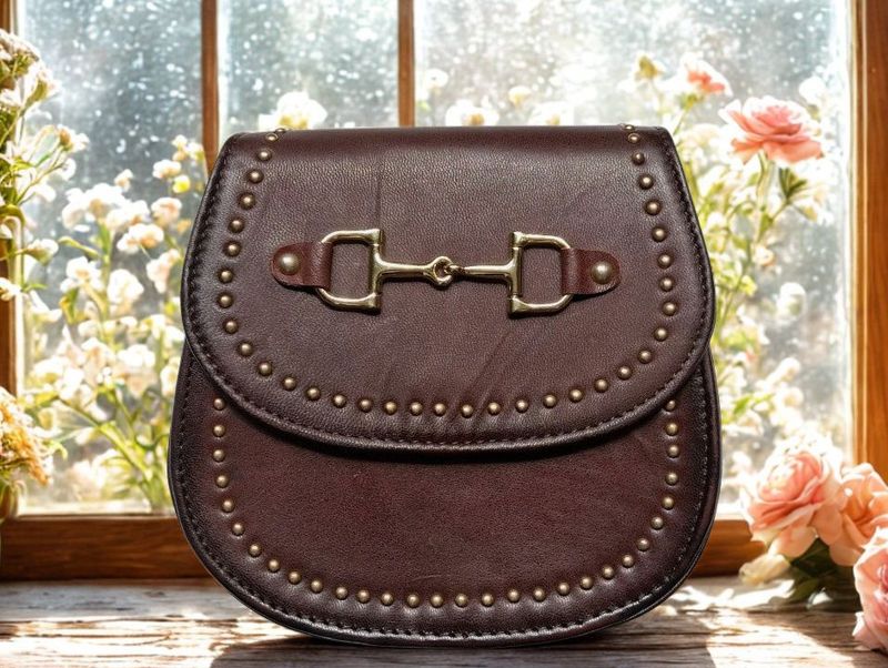 Espresso Brown Snaffle Bit 100% Leather Cross Body Bag Riveted Trim by American Darlng #LS24