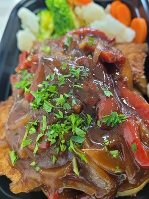 05. Pork Schnitzel with Zigeuner Sauce (Peppers & Onions), Rice and Vegetables
