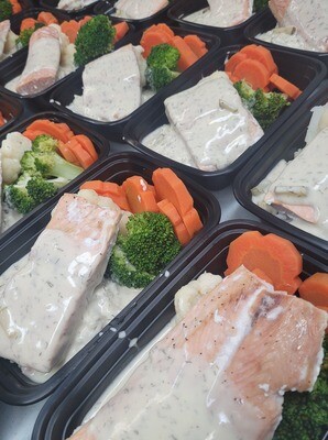 10. Salmon Fillet with Rice, Sunflower and Basil Pesto Cream Sauce & Vegetables (+ $2.00)