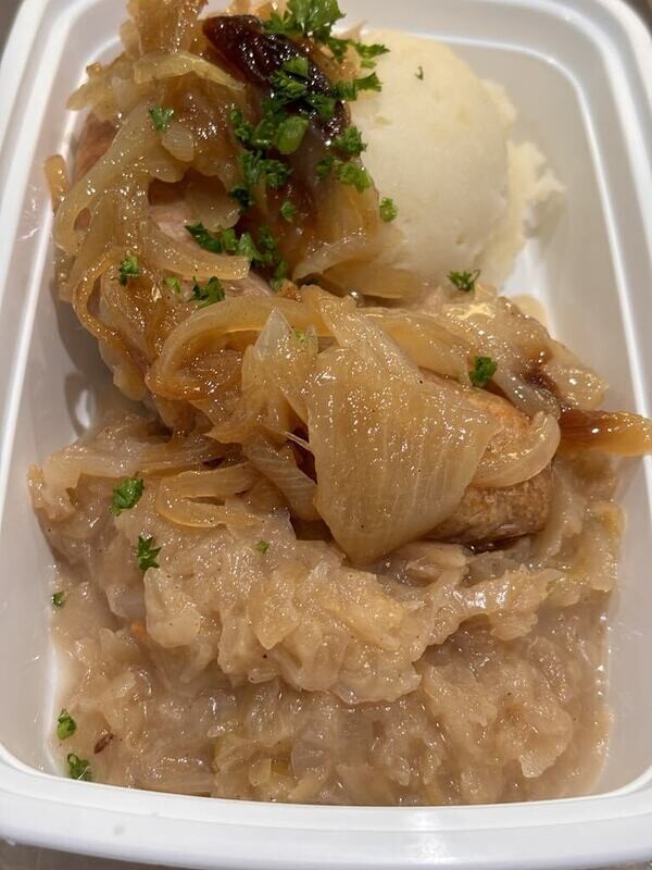05. Bratwurst with Caramelized Onions, Sauerkraut &amp; Mashed Potatoes