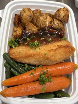 03. Chicken Cordon Blue with Vegetables, Roasted Potatoes & Gravy ( + $1.00 )