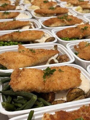 10. Breaded Basa Fillet with Roasted Potatoes, Vegetables & White Wine Sauce