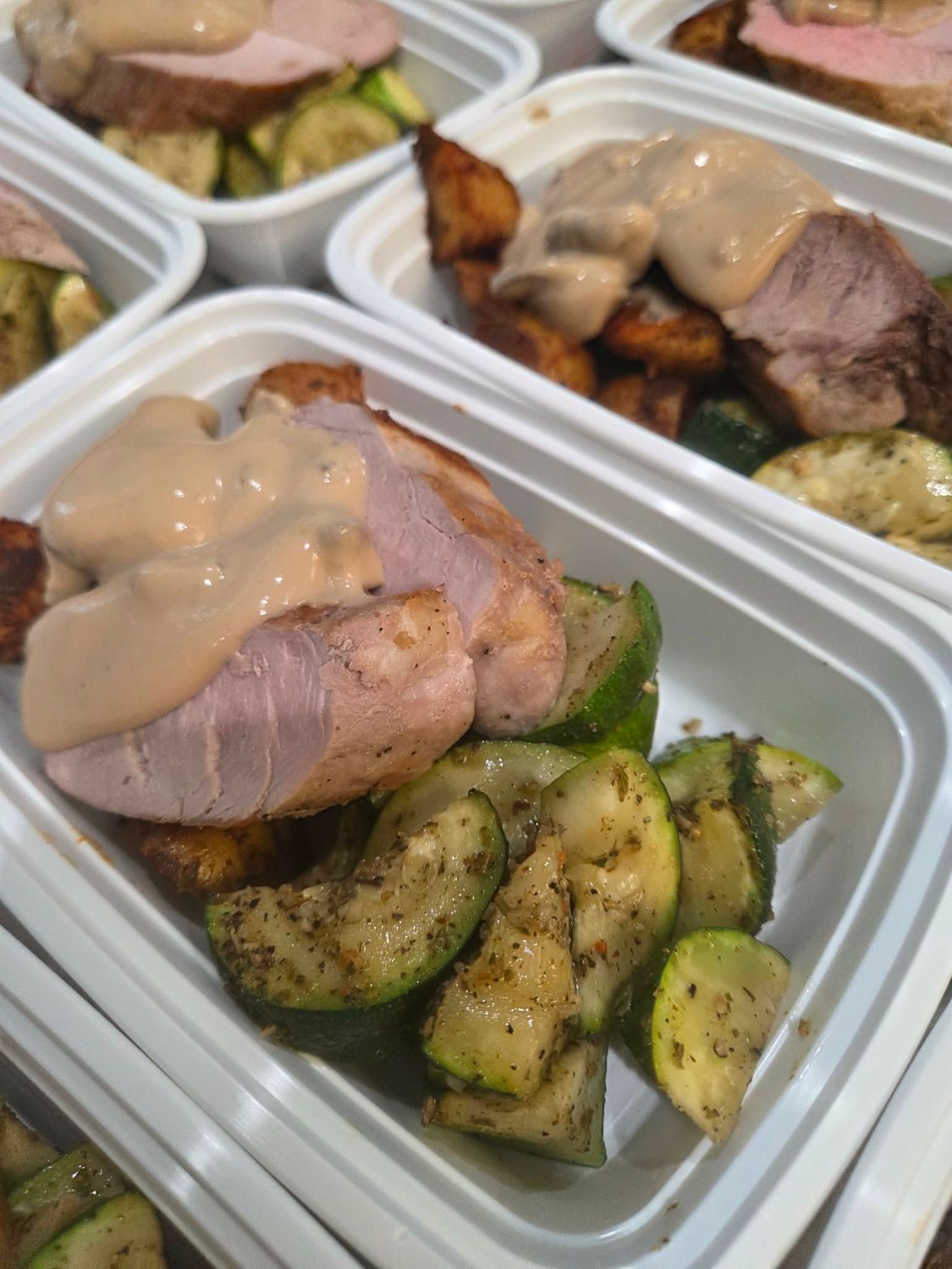 04. Pork Tenderloin with Creamy Wild Mushroom Sauce, Roasted Potatoes &amp; Vegetables [GF]