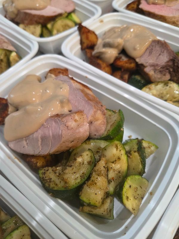 04. Pork Tenderloin with Creamy Wild Mushroom Sauce, Roasted Potatoes &amp; Vegetables [GF]