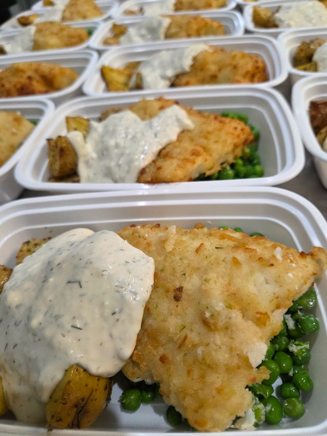 10. Potato Crusted Cod Fillet with Dill Horseradish Sauce Lemon Rosemary Potatoes Minted Crushed Peas