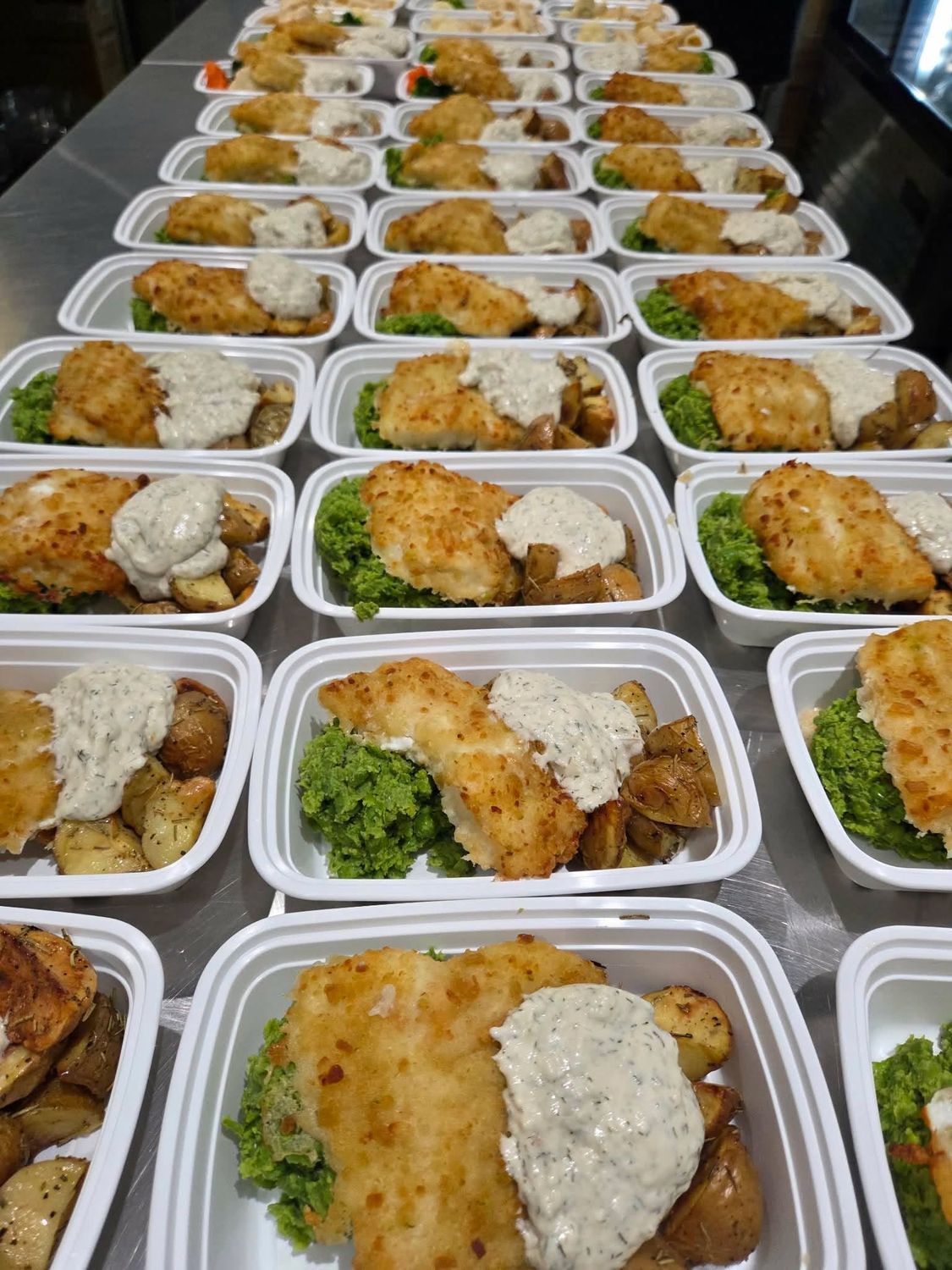 10. Potato Crusted Cod Fillet with Dill Horseradish Sauce Lemon Rosemary Potatoes Minted Crushed Peas