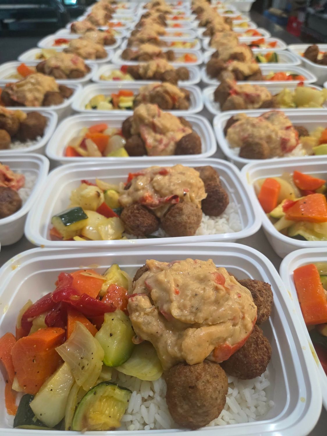 07. Meatballs with Rice, Creamy Greek Pepper and Onion Sauce &amp; Lemon Pepper Roasted Vegetables