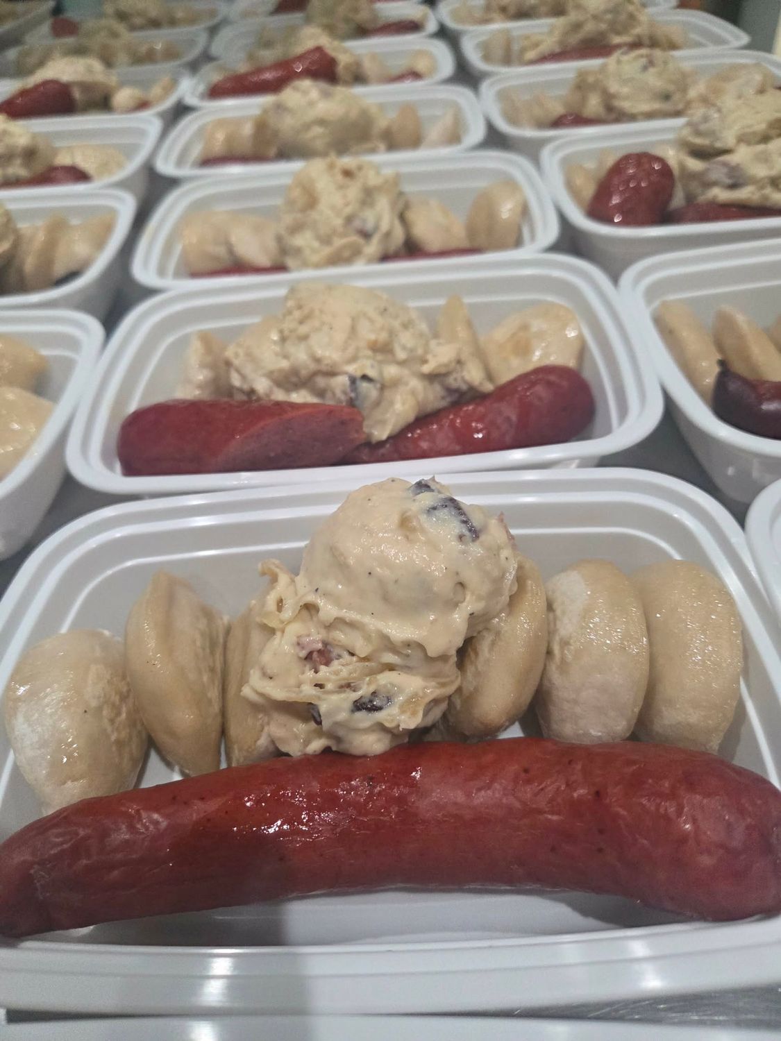 05. Smokies &amp; Potato Bacon Perogy with Caramelized Onion Bacon Cream Sauce