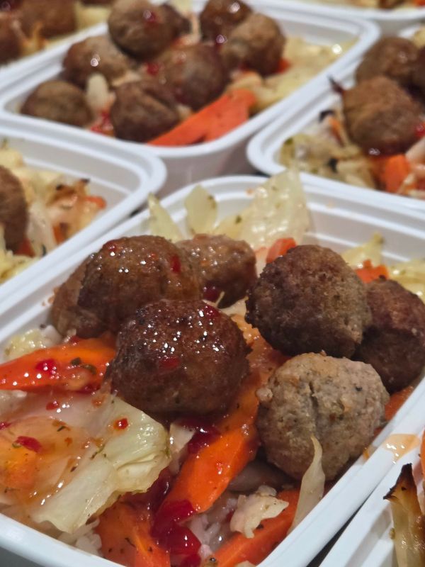 07. Sweet Chili Thai Meatballs with Chinese Carrot Cabbage Stir-fry &amp; Coconut Rice