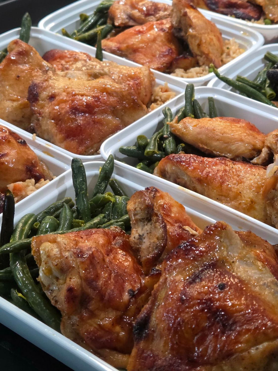 01. Asian Style Honey Garlic Chicken Thighs (~11oz) Lemon Pepper Roasted Green Beans &amp; Fried Rice