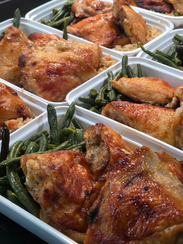 01. Asian Style Honey Garlic Chicken Thighs (~11oz) Lemon Pepper Roasted Green Beans &amp; Fried Rice