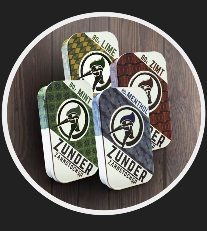 Zunder Zahnstocher mit Geschmack je 80x in einer stylischen Metallbüchse ( Lime,Zimt,Mint,Menthol &amp; neu Berry)