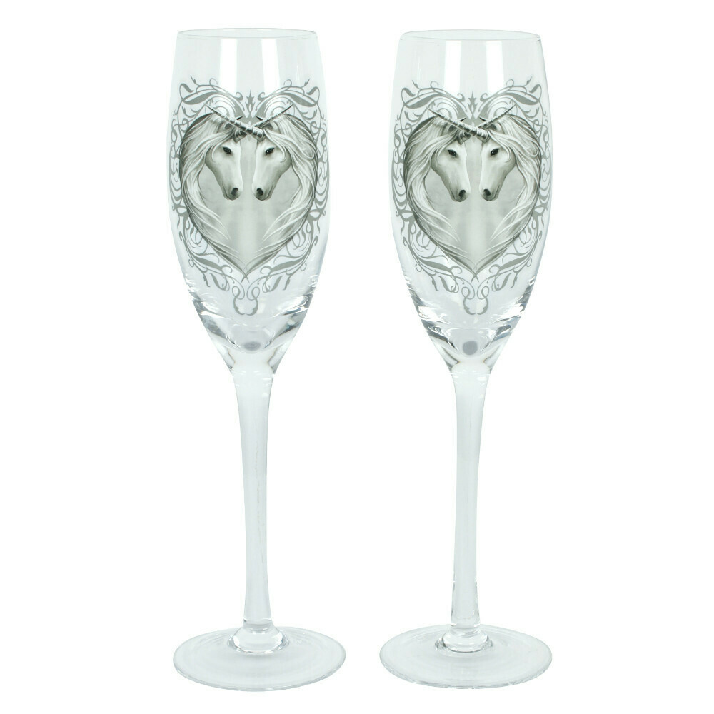 Pair of Anne Stokes Unicorn Champagne Glasses