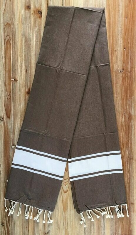Fouta traditionnelle coton, 1X2M, marron et bandes blanches