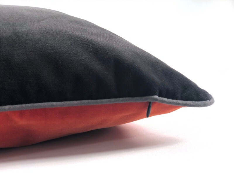 MEHAREE - Coussin 40X60 cm - Velours coton ras - Gris Taupe et Orange