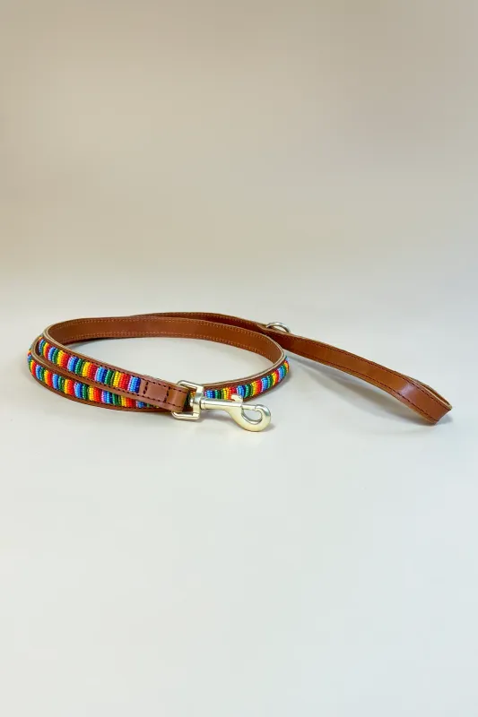 Leren hondenlijn met kraaltjes- Rainbow