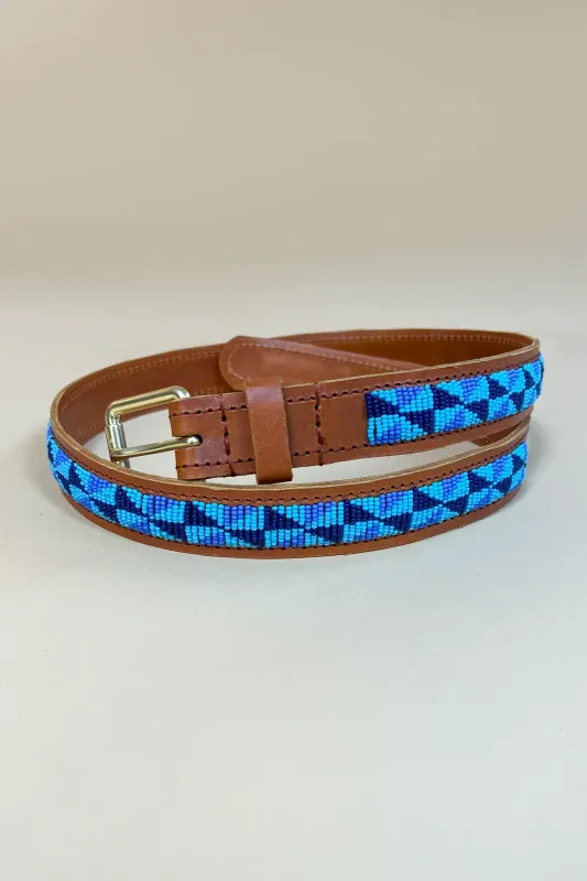 Leren riem met kraaltjes- Blue Delta