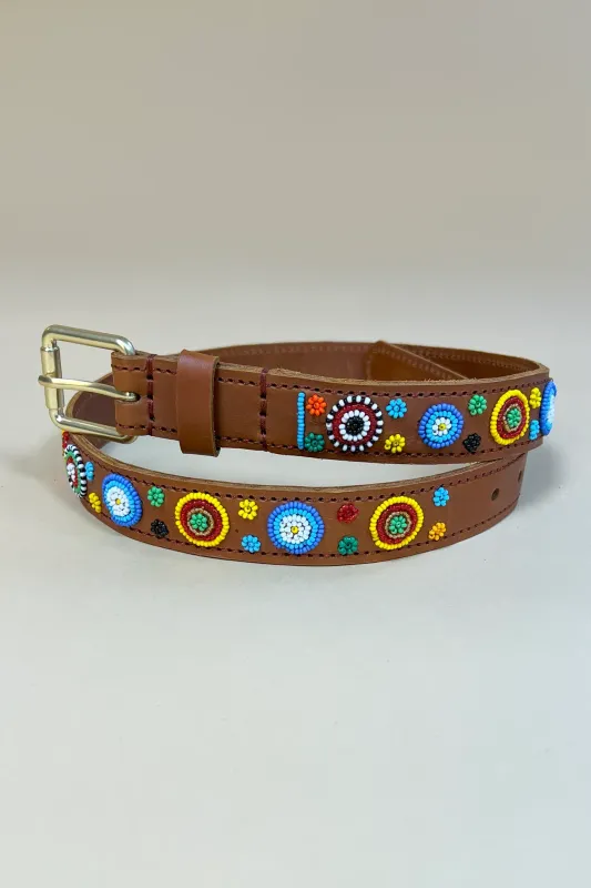 Leren riem met kraaltjes- Flower Garden