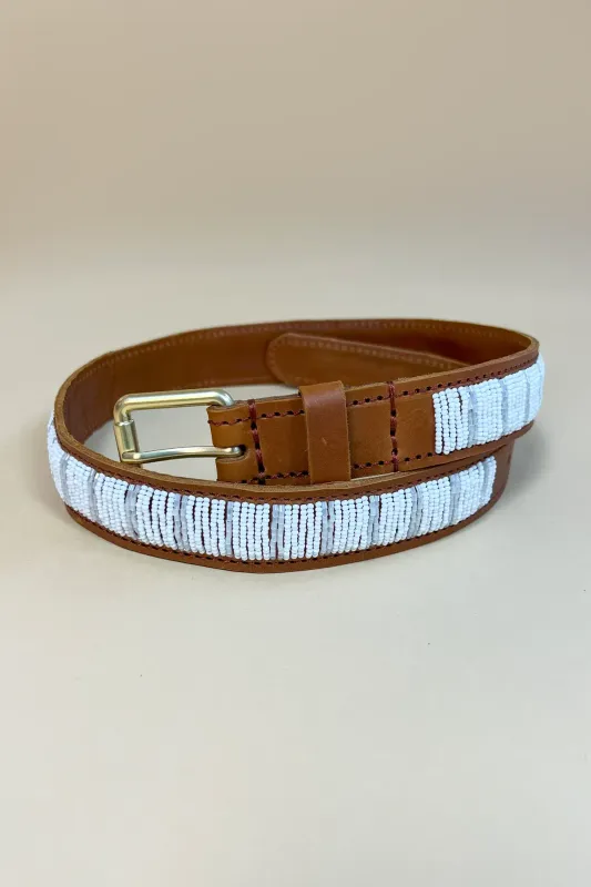 Leren riem met kraaltjes- Coconut