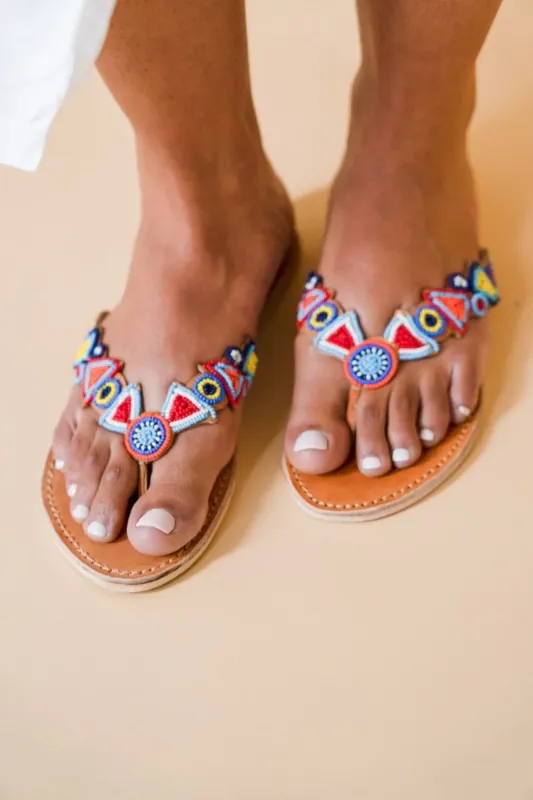 Leren slipper 'Plakkies' met kraaltjes- Tropical