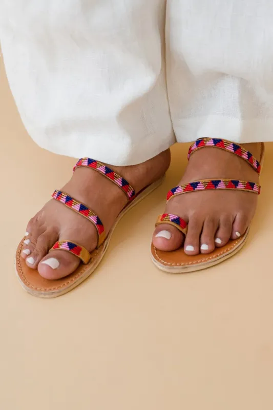 Leren slipper 'the strap' met kraaltjes- Dragonfruit