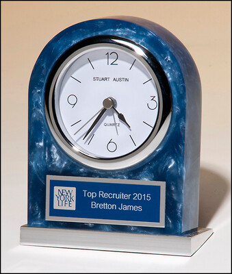 Blue Marblelized Acrylic Clock with Polished Silver Aluminum Base.