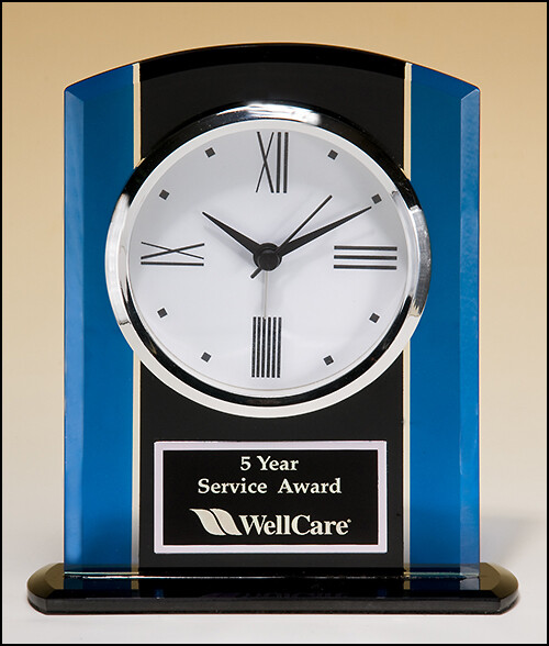 Black and Blue Glass Clock, Silver Bezel