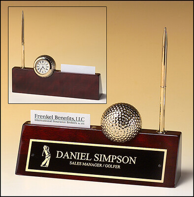 Rosewood Piano Finish Nameplate with Pen, Business Card Holder, and Goldtone Metal Golf Ball / Clock.