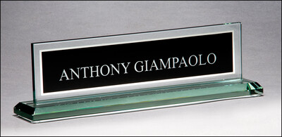 Glass Name Plate with Black Silk Screened Engraving Area and Mirror Border