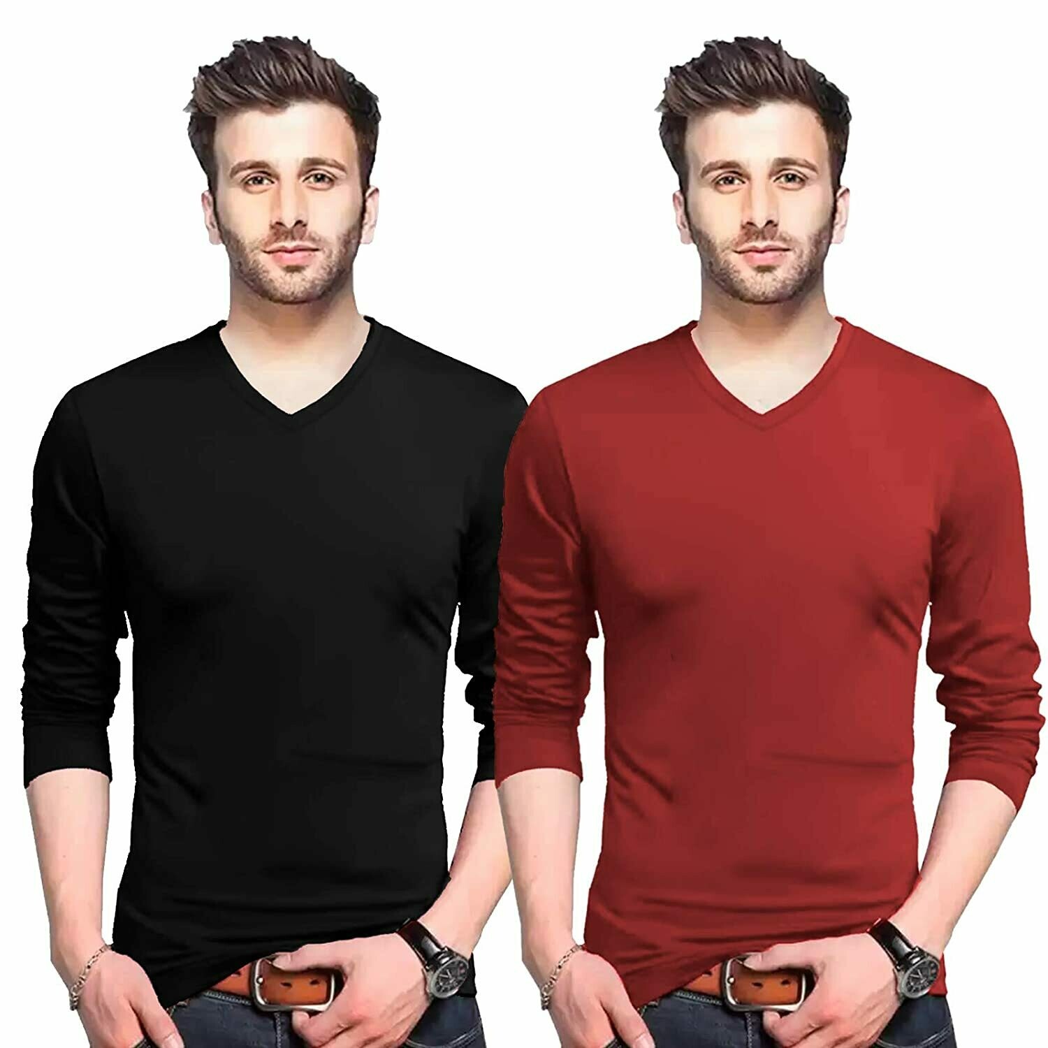 BLACK MAROON FULL HAND V NECK COTTON TSHIRT  2 combo
