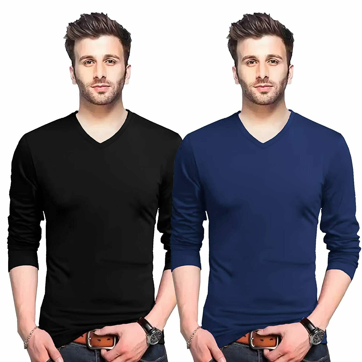 BLACK NAVY FULL HAND V NECK COTTON T-SHIRT  2 COMBO